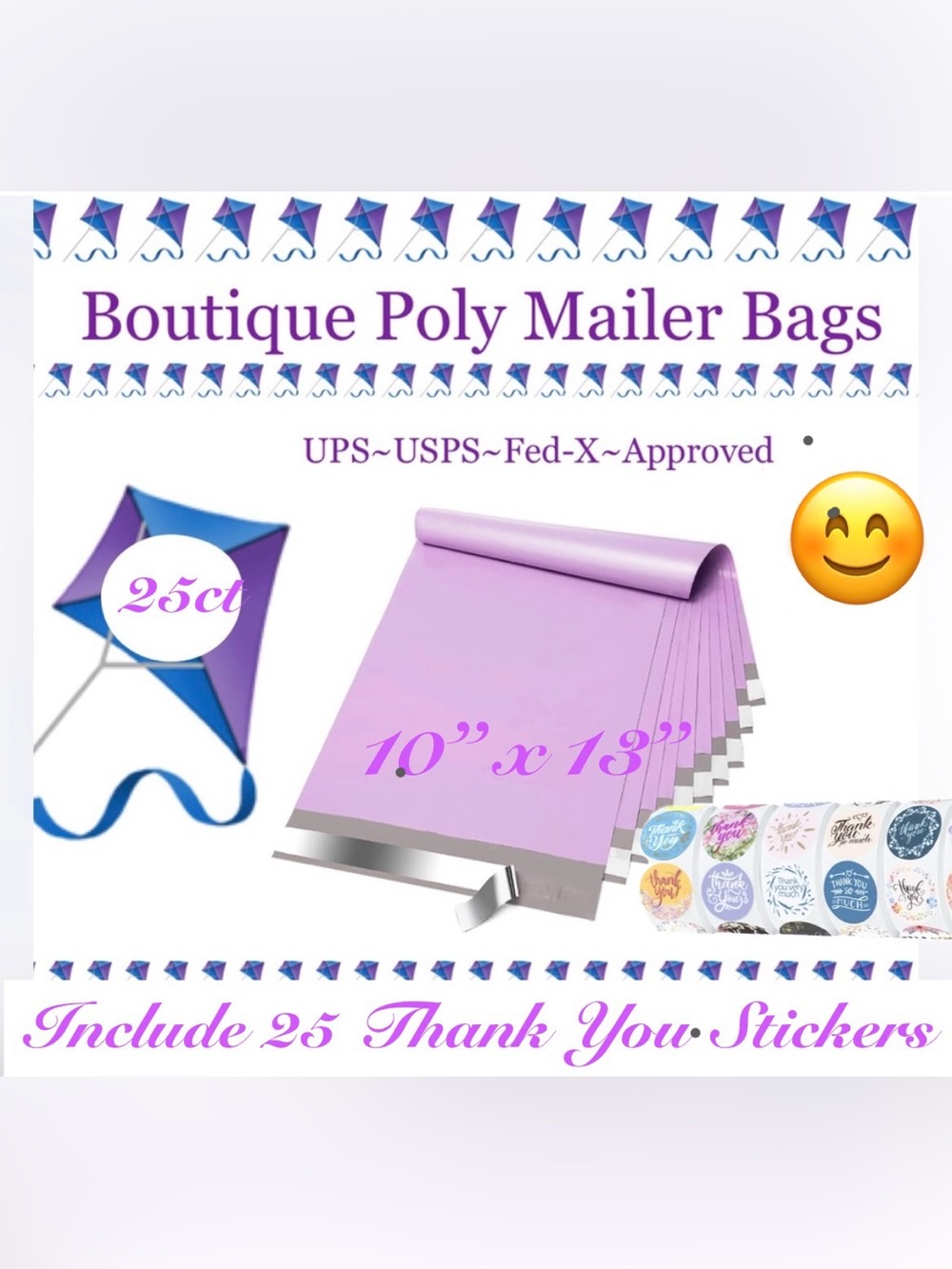 50pcs Includes 25 ~10x13” Pretty Purple PolyMailer Bags & 25 Stickers W/Purchase